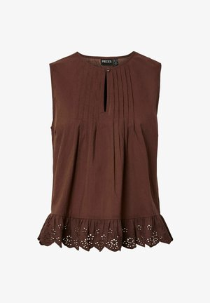 Mouwloze bruine blouse met ronde hals, plooien aan de voorkant, knoopsluiting met sleutelgat vooraan en een geschulpte zoom met bloemige opengewerkte borduursels.