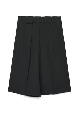 Schwarzer knielanger Faltenrock mit Gürtelschlaufen und Seitentaschen, flach auf weißem Hintergrund ausgelegt.