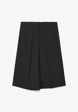 Jupe plissée noire longueur genoux avec passants de ceinture et poches latérales, affichée à plat sur un fond blanc.