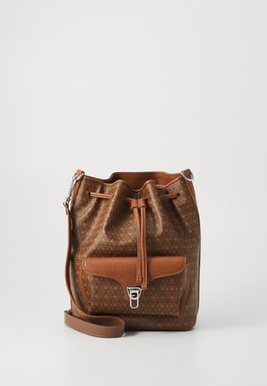 Brown leather bucket bag with a textured finish, featuring a drawstring closure, front pocket, and silver-tone hardware accents.