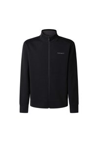 Crna jakna s punim patentnim zatvaračem, s visokim ovratnikom, dugim rukavima i logotipom "Hackett" na lijevoj strani prsnog koša.