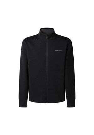 Čierna bunda na zips s vysokým golierom, dlhými rukávmi a logom "Hackett" na ľavej hrudi.
