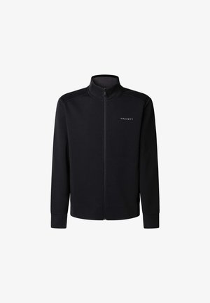 Černá bunda na zip s stojáčkem, dlouhými rukávy a logem "Hackett" na levé straně hrudi.