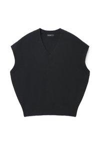 Schwarzes ärmelloses Strickoberteil mit V-Ausschnitt. Verfügt über eine lockere Passform und einen gerippten Halsausschnitt. Das Material wirkt glatt ohne sichtbare Muster.