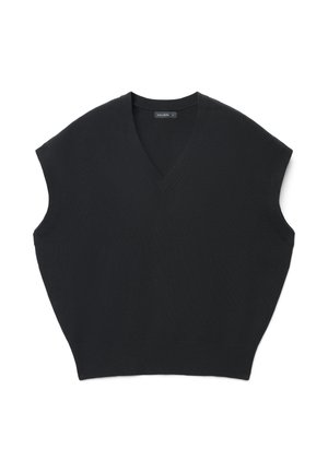 Schwarzes ärmelloses Strickoberteil mit V-Ausschnitt. Verfügt über eine lockere Passform und einen gerippten Halsausschnitt. Das Material wirkt glatt ohne sichtbare Muster.