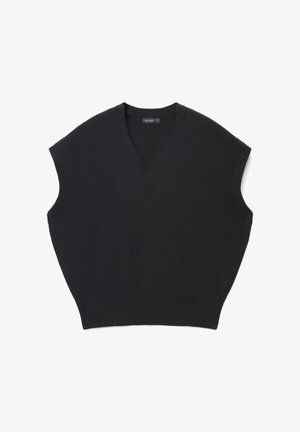 Schwarzes ärmelloses Strickoberteil mit V-Ausschnitt. Verfügt über eine lockere Passform und einen gerippten Halsausschnitt. Das Material wirkt glatt ohne sichtbare Muster.