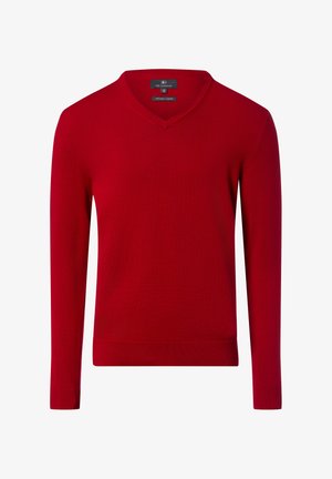Roter V-Ausschnitt-Pullover aus Bio-Baumwolle, mit langen Ärmeln sowie gerippten Bündchen und Saum. Glatte Textur mit figurbetontem Schnitt.