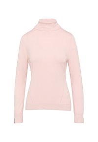 Hellrosa Rollkragenpullover, gestrickte Textur, enganliegende Silhouette, lange Ärmel, gerippte Bündchen und Saum, minimales Design, lässiger Stil.