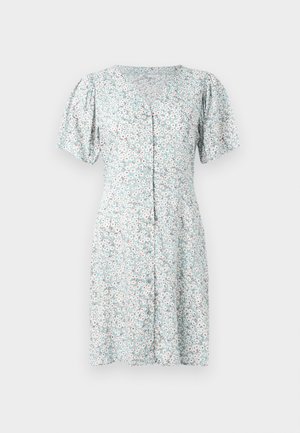 Floral dress with short puff sleeves, light blue base, white and pink flowers, button front, fitted bodice, and flared skirt design.