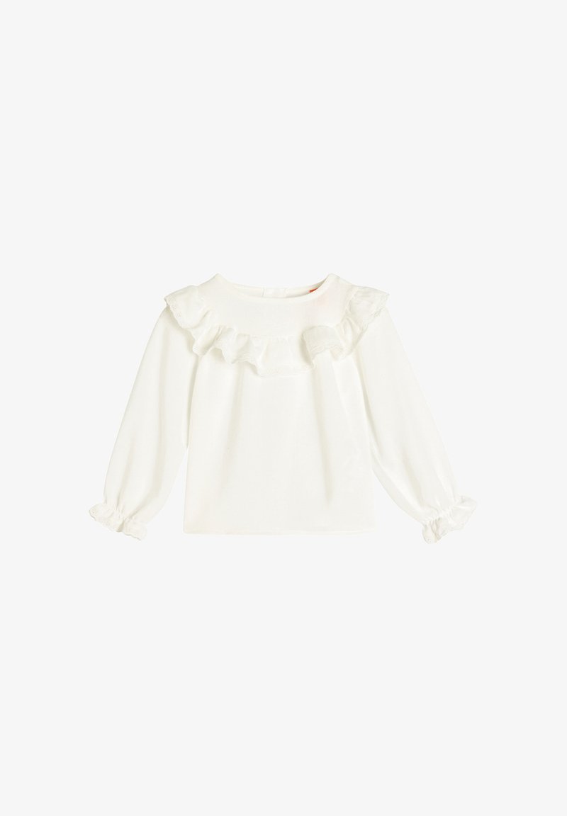 Weißes langärmliges Oberteil mit einem Rüschenausschnitt und elastischen Bündchen, aus weichem Stoff mit glatter Textur. Einfaches und klassisches Design.
