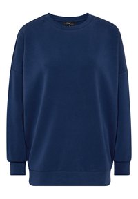 Felpa blu navy realizzata in un tessuto morbido, con scollatura tonda, maniche lunghe e una vestibilità rilassata con polsini e orlo a coste.