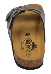 Gray slide sandal with a cork footbed and two adjustable straps. Notable logo printed on the insole. Features textured surface for grip.
