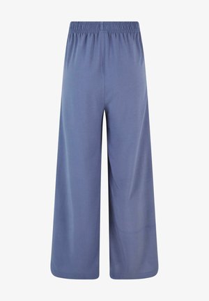 Široké nohavice z jednofarebnej svetlomodrej tkaniny, s elastickým pásom a hladkým povrchom bez viditeľných vzorov alebo ozdôb.