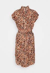Abito camicia in stampa leopardata nei toni beige, arancione e nero. Presenta maniche corte, bottoni sul davanti e vita regolabile con cordino.