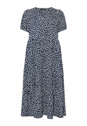 Laivastonsininen midi-mekko valkoisilla pallokuvioilla, lyhyet hihat, napillinen edessä ja laskostettu kerroksittainen helma.