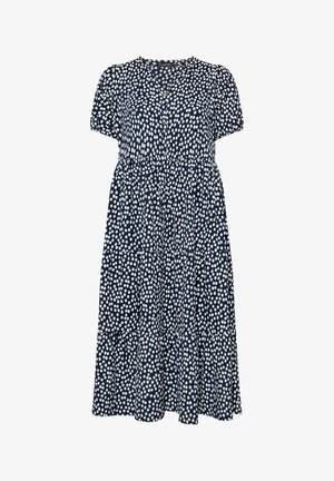 Mørkeblå midi-kjole med hvide polkaprikkker, korte ærmer, knaplukning foran og indsnævret lagdelt nederdel.