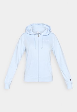 Svetlomodrá mikina na zips z mäkkého materiálu, s klokánkovým vreckom, kapucňou so šnúrkami a malým logom na hrudi.