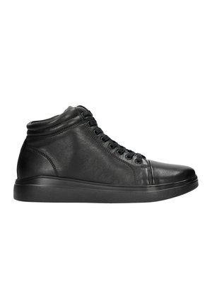 Zwarte high-top sneakers van leer, met een gladde textuur, ronde neus, gedetailleerde stitching en rubberen zool. Geknoopte uitvoering.
