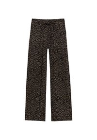 Pantalons évasés en tissu noir avec un motif floral beige, dotés d'une taille haute et d'une coupe ample sur toute la jambe.