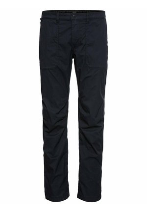 Men's outdoor pants in dark navy, made of lightweight fabric with a smooth texture. Features side pockets and a functional zipper.