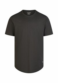 Zwarte katoenen t-shirt met korte mouwen, ronde hals, afgeronde zoom en een klein logo-label aan de onderkant aan de linkerkant. Zachte textuur.