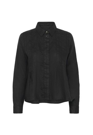 Black long-sleeve button-up shirt with pointed collar and subtle vertical stitching details.
