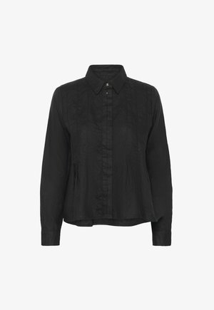 Black long-sleeve button-up shirt with pointed collar and subtle vertical stitching details.