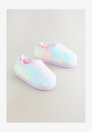 Zapatillas de casa de colores pastel difusos, con un suave upper de piel sintética, una suela de goma flexible de color púrpura y una pestaña de tela en bucle para ponérselas fácilmente.