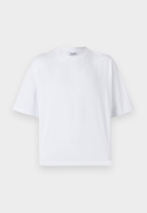 White cotton t-shirt with a relaxed fit, short sleeves, and a round neckline. Features minimal design and no visible patterns or accents.