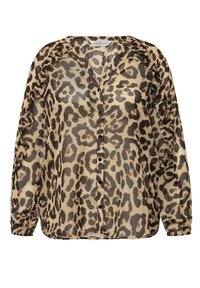 Blouse transparente à manches longues avec imprimé léopard marron et beige, fermeture boutonnée devant et détails à volants le long des manches.