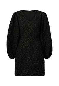 Abito nero con scollatura a V, maniche lunghe a sbuffo, motivo a foglia testurizzato e zip sul retro. Lunghezza sopra il ginocchio e vita aderente.