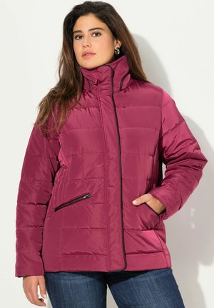 Puffer jacket in deep pink with a high collar, horizontal stitching pattern, and black zipper accents. Features side pockets for utility.