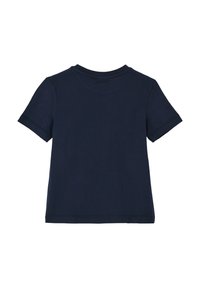 Dunkelblaues Baumwoll-T-Shirt mit kurzen Ärmeln, rundem Halsausschnitt und nahtlosem Schulterdesign. Glatte Textur, lässige Passform und ohne Muster.