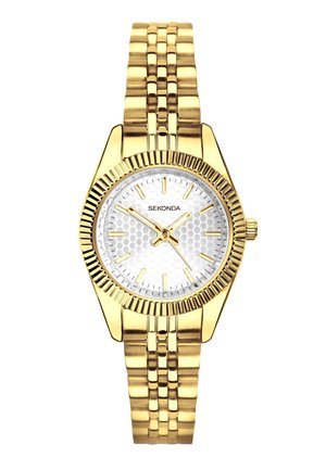Gold Sekonda wristwatch with textured white dial, gold hour markers and hands, and a linked metal band.