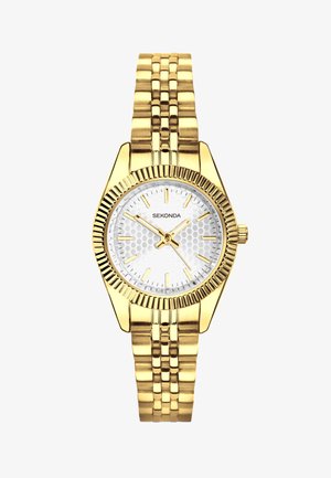 Gold Sekonda wristwatch with textured white dial, gold hour markers and hands, and a linked metal band.