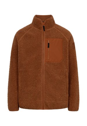 Giacca in pile marrone con cerniera completa, tessuto strutturato, collo alto e tasca sul petto con zip sul lato sinistro.
