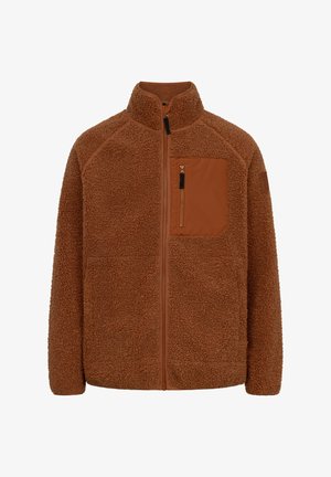 Giacca in pile marrone con cerniera completa, tessuto strutturato, collo alto e tasca sul petto con zip sul lato sinistro.