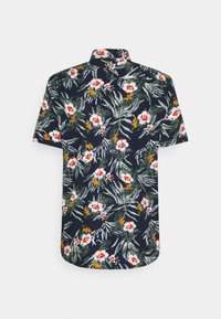 Kurzarmhemd in Marineblau mit floralen Mustern, die rote, weiße und gelbe Blumen zwischen grünen Blättern zeigen; mit Kragen, normale Passform.