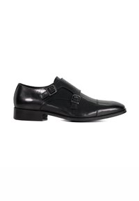 Black leather dress shoe with a rounded toe, two adjustable buckles across the upper, and a low block heel. Smooth, shiny finish.