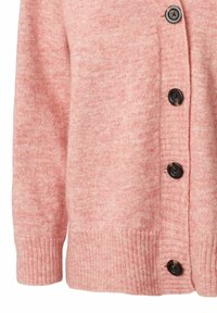 Lichtroze cardigan met een gestructureerde brei, ribgebreide manchetten en donkere ronde knopen. Gladde stof met subtiele kleurnuances.