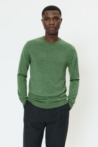 Roheline, pikkade varrukatega, ümara kaelusega kootud kampsun tekstuuriõrnaga. Kanditud tumedate pükstega, esitatud neutraalsel taustal.