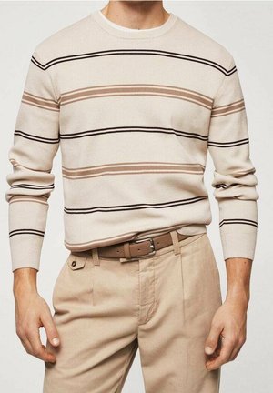 Beige Rippsweater mit horizontalen Streifen in Hellbraun und Schwarz. Verfügt über einen Rundhalsausschnitt und enganliegende lange Ärmel. Getragen mit beigen Hosen.