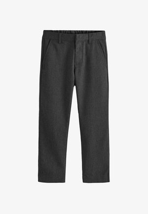 Pantaloni sartoriali grigio scuro con una texture liscia, dotati di tasche anteriori e passanti per cintura. Design a gamba dritta con taglio pulito.