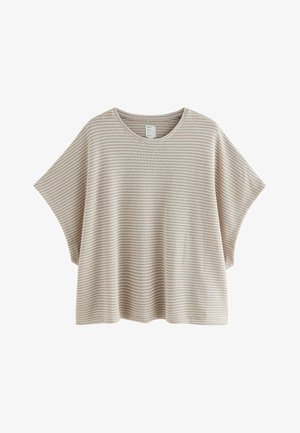 Beżowa, prążkowana, dzianinowa bluzka o luźnym kroju. Krótkie rękawy i okrągły dekolt. Miękka faktura z naprzemiennymi cienkimi i grubymi paskami.