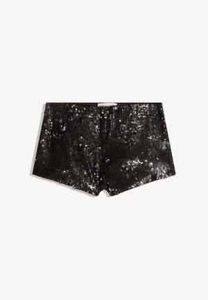 Zwarte pailletten shorts met een aansluitend ontwerp. Heeft glinsterende pailletten, een soepele textuur en een tailleband voor een beveiligde pasvorm.