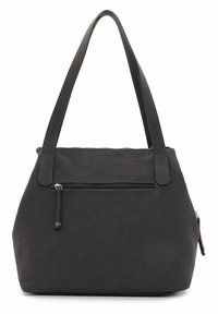 Borsa nera con texture, manici superiori, tasca frontale con cerniera e tiretti lisci della cerniera, mostrata su sfondo bianco.