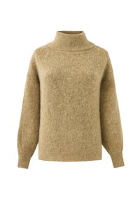 Beige coltrui met losvallende mouwen, gemaakt van zacht textuurmateriaal, met een hoge kraag en een subtiele geribbelde detaillering aan de zoom.