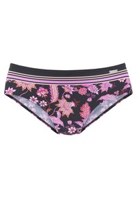 Short de bain noir avec imprimé floral en rose et violet. Il dispose d'une ceinture à rayures horizontales. Fabriqué à partir d'un tissu extensible pour plus de confort.