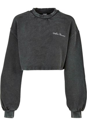 Korte sweatshirt in donkergrijs, gemaakt van zachte stof. Heeft brede mouwen, een geribbelde halslijn en witte borduursel van "Urban Classics".