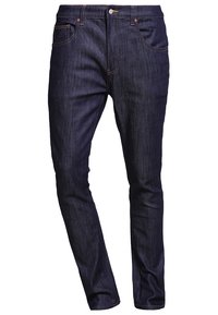 Mörkblå denimjeans med slim fit, femfickorsdesign, kontrasterande sömmar och metallbeslag vid midjan och fickorna.